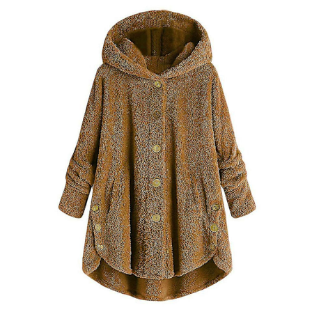 Dame Vinter Varmt Plysset Overfrakke Knappet Jakke Toppe Løse Hættede Yderbeklædning