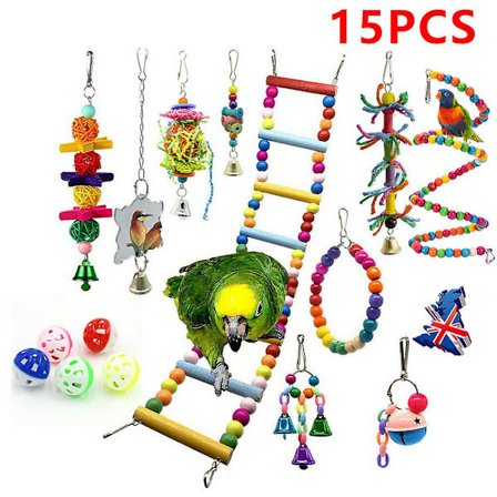 15 st Papegojleksaker Gunga Metallrep Liten Stege Snöre med Klockor Träpärlset [YJD]