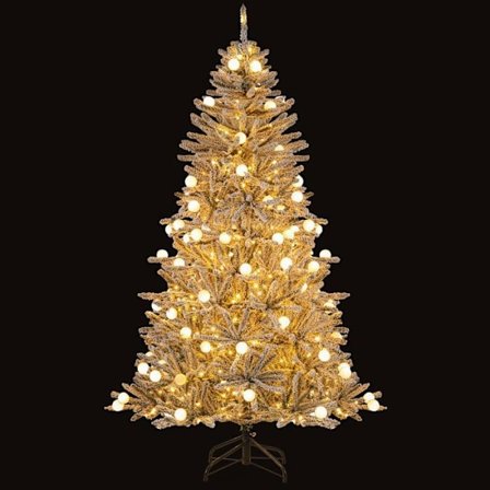 Konstgjord Snöig Julgran 180 cm COSTWAY--Fjärrkontroll och Timer-51 Lysande Kulor-250 Varmvit LED-637 Grenar