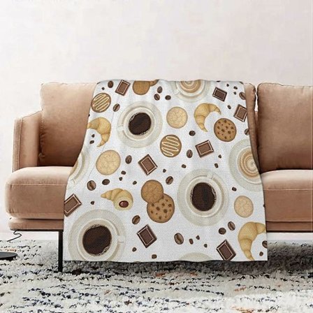 Premium Flanell Kastetæppe - Kaffe Croissanter Kiks og Chokolade Chip Cookies med en Gruppe af Drikke flanell Tæppe Sofa Kast, Tæppe Fluffy