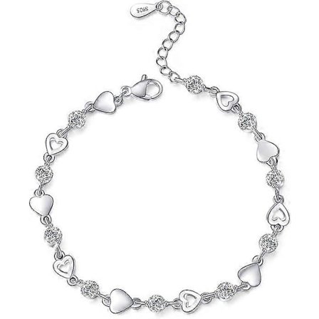 Sterlinghopearannekoru naisille, siro 925 hopeinen sydänrannekoru, kiiltävä kristalli timantti säädettävä rakkaus sydänrannekoru naisille tytöille BKO