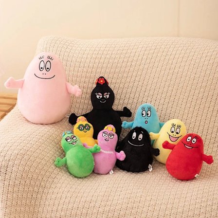 Æske med 9 Barbapapa plyslegetøj +/- 15 cm - Inkluderer Barbapapa, Barbamama og deres syv børn