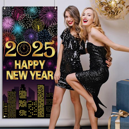 Glædelig Nytår Dør Dække 2025 Nytårsaften Fest Tilbehør Sort og Guld Nytår Dekoration Baggrund Fordør Hængende Banner