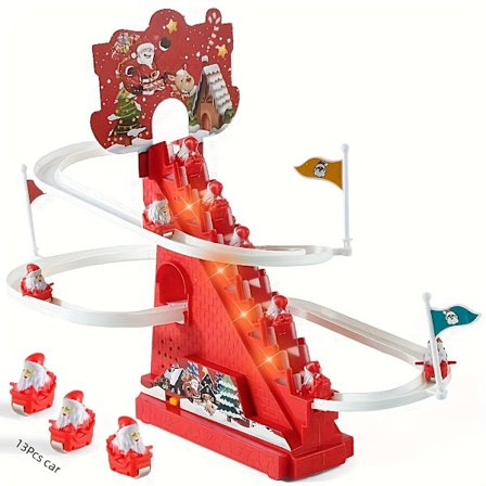 Glidbana Leksak, Elektrisk Spårbana Stege Klättring Glidleksak med Mini Bil Jultomte Tema Pedagogiska Pusselleksaker med Musik [DB]