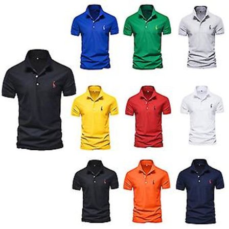 Kortærmet sommer T-shirt til mænd med broderet revers, polo shirt til mænd, overalls, kortærmet hjorte T-shirt top til mænd #axsl-pl01(XL Sort)