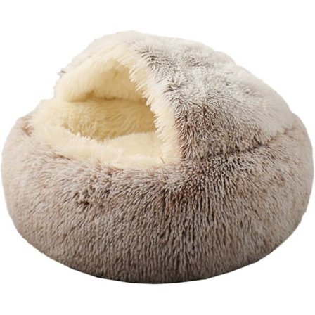 Katteseng Rund Blød Hætte Katteseng Hule med Ikke-kollapset Plysbetræk, Faux Fur Cuddler Rund Komfortabel Selvopvarmende Kæledyrsseng