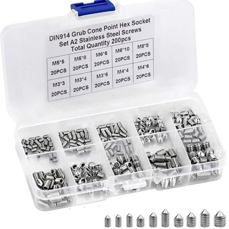 200 stk. rustfrie settskruer sortiment - M3 M4 M5 M6 M8 sekskant Allen-hode for dørhåndtak og DIY-prosjekter