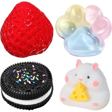 4 stk. Taba Squishy Sett, Jordbær + Hamster + Kattepote + Hamster + Oreo, Fufu Squishy Squishe Leketøy Squishies Stresslindring
