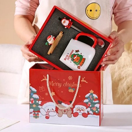 Krus Gaveæske Keramisk Krus Julegave Keramisk Krus med Låg med Ske Sæt Kop Kaffekop Jule Dropshipping(D)