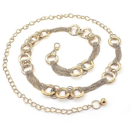 Metallisk midje-kjedebelte, tynn gyllen midjebånd, sirkeldekorativt midje-belte, strikkekjoledekor