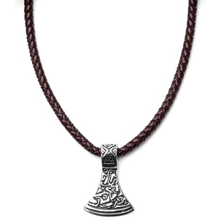 Collana in pelle marrone e pendente con rune in acciaio per uomini - Collane con Martello di Thor