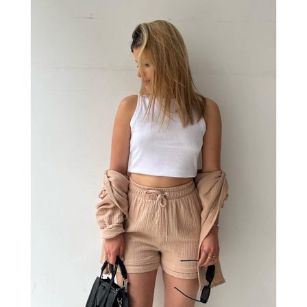 【JIA】Skrynklig krage för kvinnor, långärmad skjorta, shorts med dragsko med hög midja, moderiktigt avslappnat set i två delar khaki XL khaki