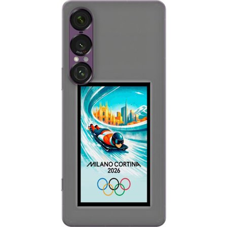 Yhteensopiva Puhelinkuori Sony Xperia 1 VII Dynaaminen kelkkailija tai skeleton-ajaja jääkanavalla Milanon Cortina 2026 kanssa, kaupunkinäkymä ja olym