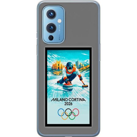 Yhteensopiva Puhelinkuori OnePlus 9 Jääkiekkoilukuva, jossa pelaajat liikkuvat jäällä, Milano Cortina 2026, Milanin maamerkit ja olympialaisten renkaa
