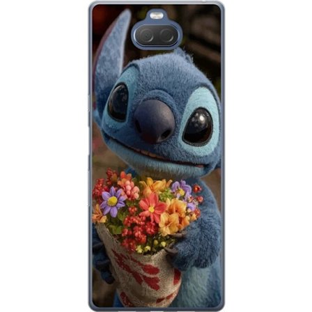 Kompatibel Mobilcover til Sony Sony Xperia 10 Plus Sød blå figur med store øjne, der holder en farverig buket i en varm og kær stil