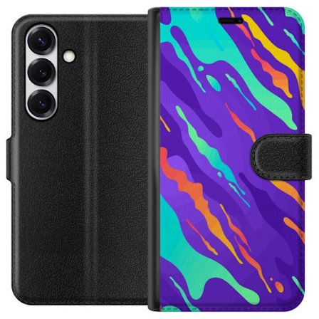 Kompatibel Tegnebogsetui til Samsung Galaxy S25 Farverigt abstrakt mønster med flydende former i lilla, turkis, gult og orange.