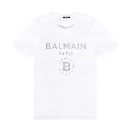Balmain, T-shirt with logo Wit, Heren, Maat:XL,Katoen