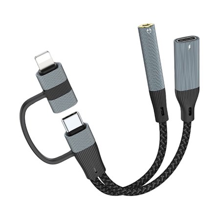 NÖRDIC USB-C+Lightning til lyd 3,5mm PD60W USB-C 15cm