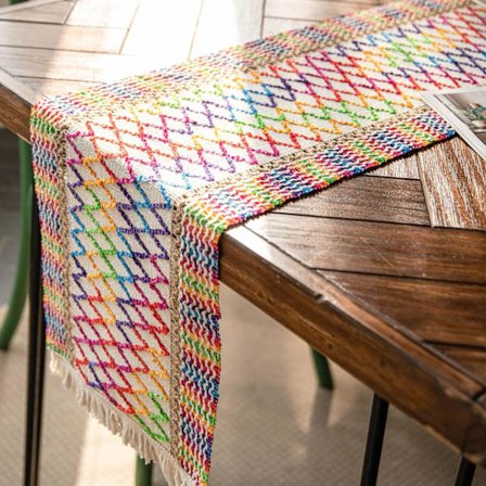 Färgglad bordslöpare med tofsar, handgjord vävd bomull bondgård bordsmattor för kök matbord