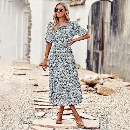 Vår Sommer Rund Hals Trykt Kjole For Damer Høy Midje Omsluttende A-linje Blomstret Lang Kjole