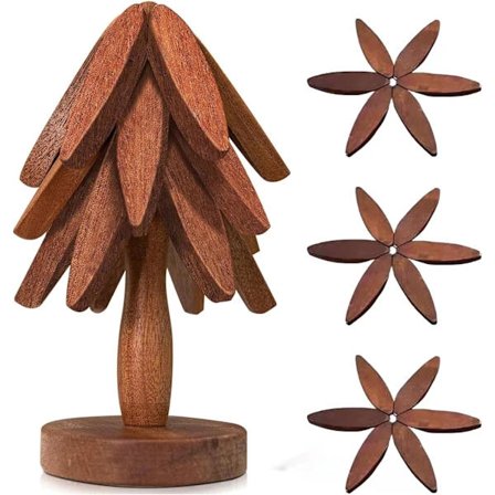 3-delt coastersett i tre med stativ - Bøk & Sapele Varmebestandige Coasters