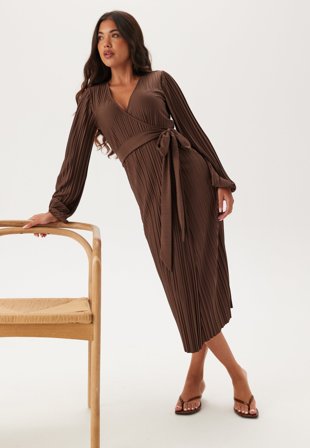 BUBBLEROOM Pleated Wrap Dress Brown S