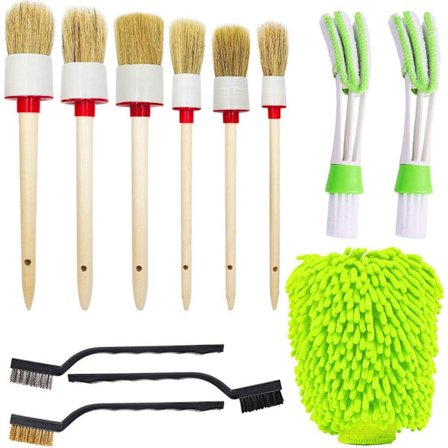 12-delad bilrengöringsborste, 6 hjulrengöringsborste bilrengöringssats 3 trådborstverktyg 2 ventilationsborste 1 bilhandske