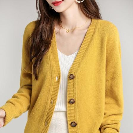 Kvinnor Stickat Höst Vinter Sweat Lös Stickad Kappa V-ringad Drop-Soulder Ytterplagg Cardigan Ginger yellow XL
