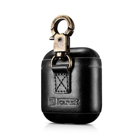 SKALO AirPods 1/2 ICARER Äkta Läder Fodral med Krok - Svart