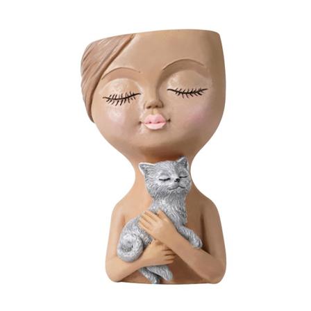 Harpiks jente holder katt og hund vase figur formet ansikts blomsterarrangement kunst container dekorasjon Black Cat