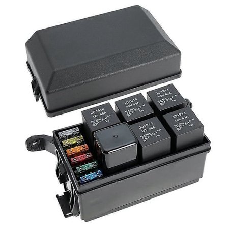 12V Säkrings- och Reläbox Kit med 6 Slots Reläblock och ATC/ATO Bladsäkring med Metalliska Stift Spade