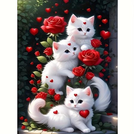 En vit katt och röd ros 5D diamantmålning komplett rund borr hantverkskonst kit för hem väggdekoration[YJD]