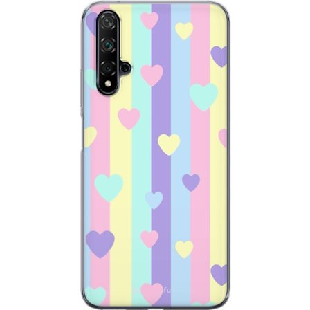 Yhteensopiva Puhelinkuori Huawei nova 5T Pastelliraitoja pinkissä, keltaisessa, violetissa ja sinisessä, joissa on hajallaan pehmeitä kawaii-tyylisiä