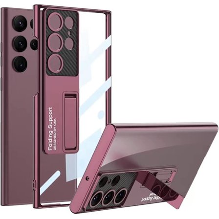 Plating Crystal Clear -kotelo, yhteensopiva Samsung Galaxy S23 Ultran kanssa, Pc-suojakuori sisäänrakennetulla jalustalla, viininpunainen