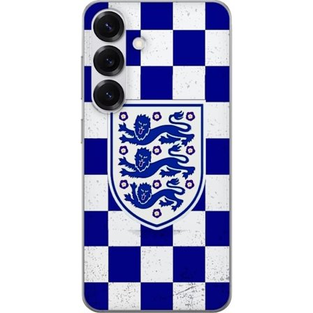 Kompatibel Mobilcover til Samsung Samsung Galaxy S25 Grafisk skakternet mønster i blåt og hvidt med et klassisk heraldisk emblem, retro-inspireret s