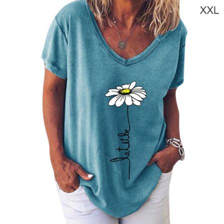 Kvinnor T-shirt V-hals Blomma Utskrift Top Kortärmad Lös