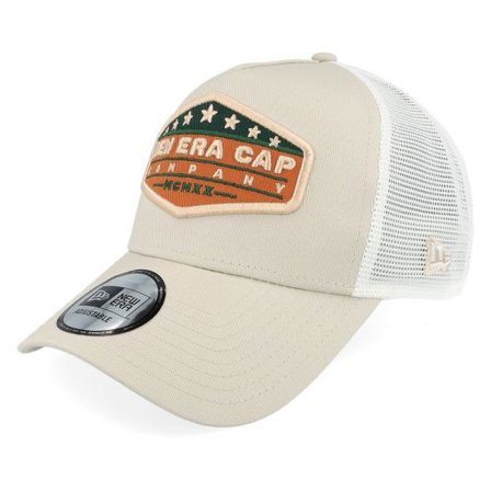 New Era - Beige trucker Keps - New Era Co Patch Stone/White A-frame Trucker @ Hatstore