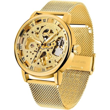 Herrklocka med skelett, mekanisk, romerska siffror, mesharmband, handuppdragning, mekanisk, självlysande, vattentät