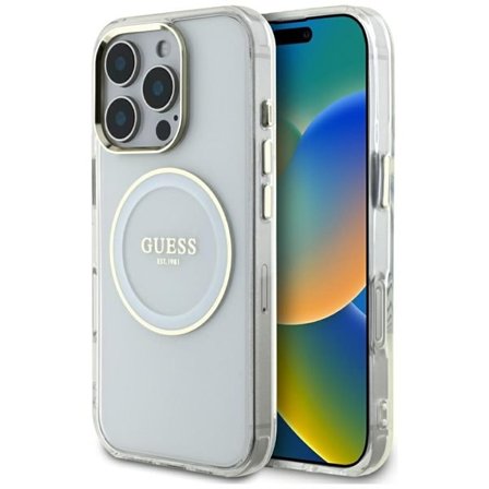 Guess IML Metal Colored Circle Classic Logo MagSafe Case for iPhone 16 Pro - White