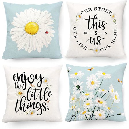 Dekorativa kuddfodral 18x18 Daisy Decor Utomhus Sommar Soffa Överkast Kuddfodral Set om 4 Gul Blå Blommig Blommig Bondgård Solros Dekor