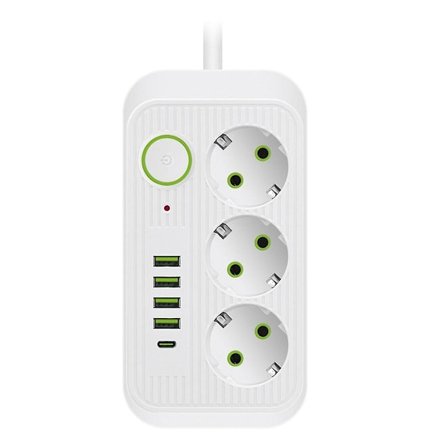 Vit 2M EU-kontakt Multi-Standard Uttag Förlängningssladd Grenuttag med USB Type-C Snabbladdning Nätverksfilter Adapter-WELLNGS