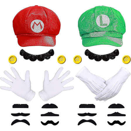 Super Mario Bros Mario Og Luigi Hatte Kasketter Overskæg Handsker Knapper Cosplay Kostume