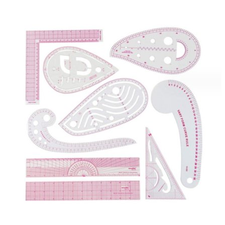 9 stk. fransk metrisk lineal transparent skrå lineal kurve måler