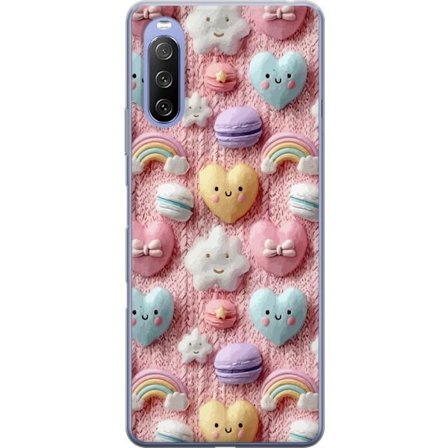 Yhteensopiva Puhelinkuori Sony Xperia 10 III Pastellimotiiivi sydämillä, pilvillä, sateenkaarilla ja makaronseilla vaaleanpunaisella taustalla suloise