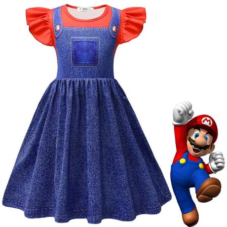 4-9 vuotta tytöt Prinsessa Peach/Super Mario Cosplay juhla-asu mekko lahjat V Denim Red 8-9 Years