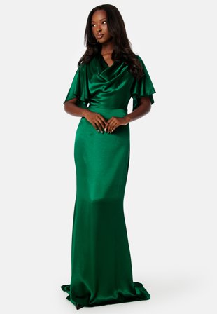 Goddiva Satin Cowl Front Maxi Dress Emerald Klær