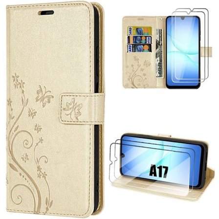 Beskyttelsesskal - BOOLING - til Samsung Galaxy A17 4G/5G - Guldbroderet PU-læder - 2 hærdede glas