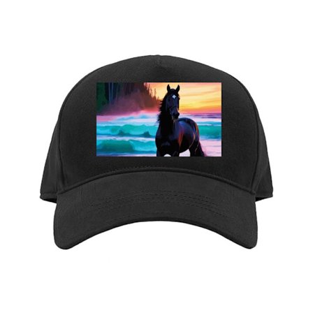Kasket Sort hest på stranden ved solnedgang med farverig himmel, drømmende naturillustration til plakater og mobilcovers.