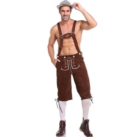 Lederhosen til mænd - Ægte læder Traditionelle tyske Lederhosen til mænd, Oktoberfest-outfit - Kort Lysebrun Brun M