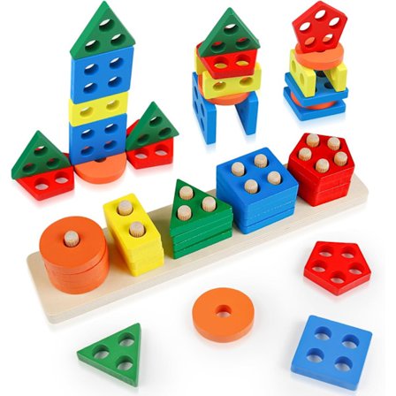 Montessori-leketøy for 1 2 3 år, 20 trebiter og staplingsleker, stikkpuslespill, formklassifisering, stikkuter, sortering og staplingsleketøy